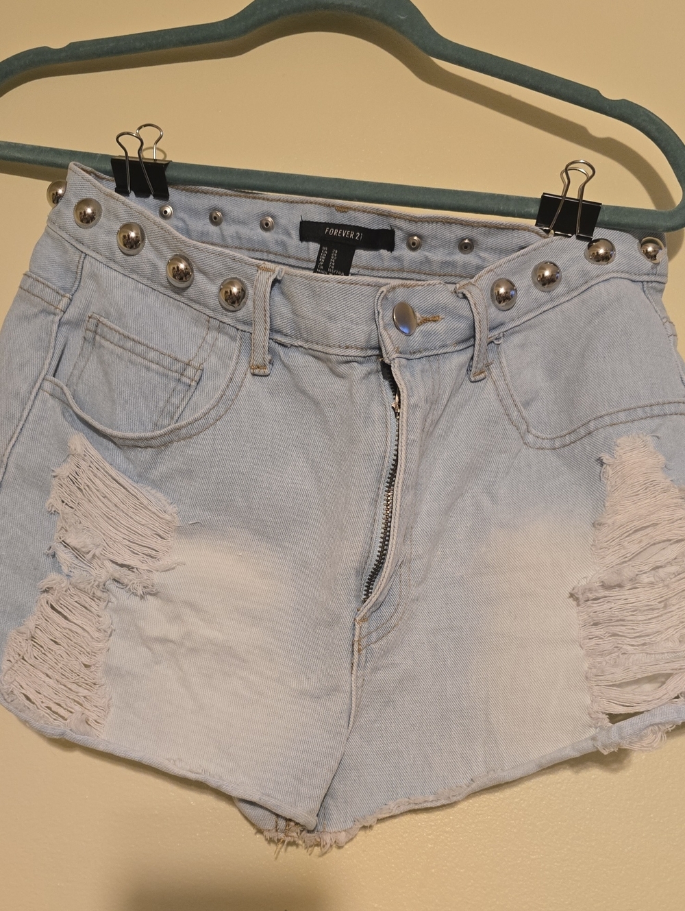 Forever 21 Light Wash Distressed Denim Shorts with Studded Waist